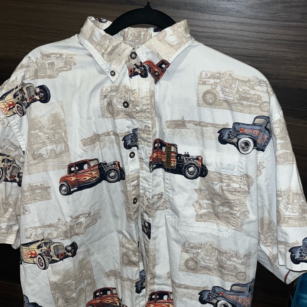 Magellan Outdoors Men's Car Print Shirt - Cream and Blue